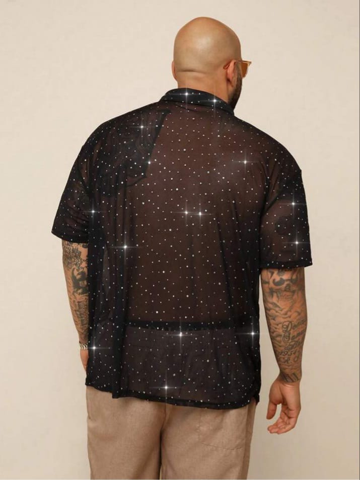 Uptown Funky Mesh Sequins Black Shirt For Men